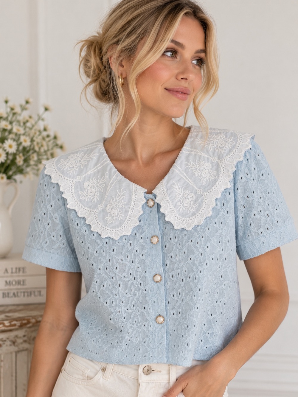 Blue Eyelet Lace Blouse Oversized Peter Pan Collar Coquette Small